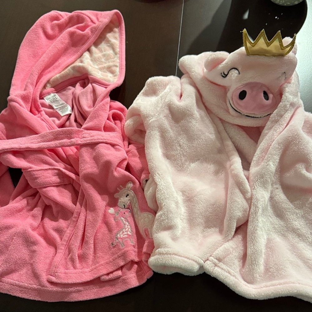 Pink Plush Hooded Robes - Unicorn & Piglet Set